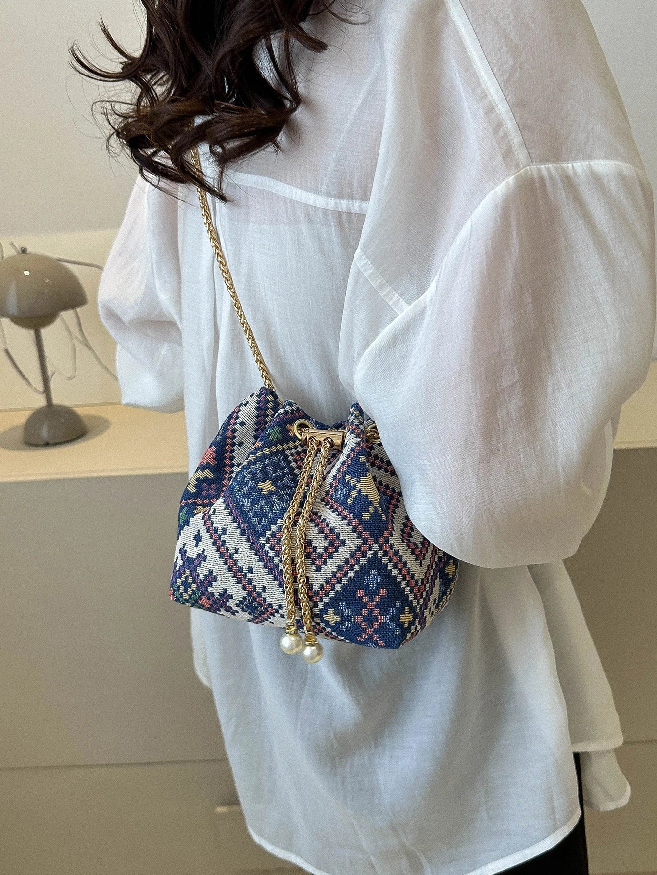 Fashion Solid Color Hollow Out Woven Chain Drawstring Mini Crossbody Bucket Bag