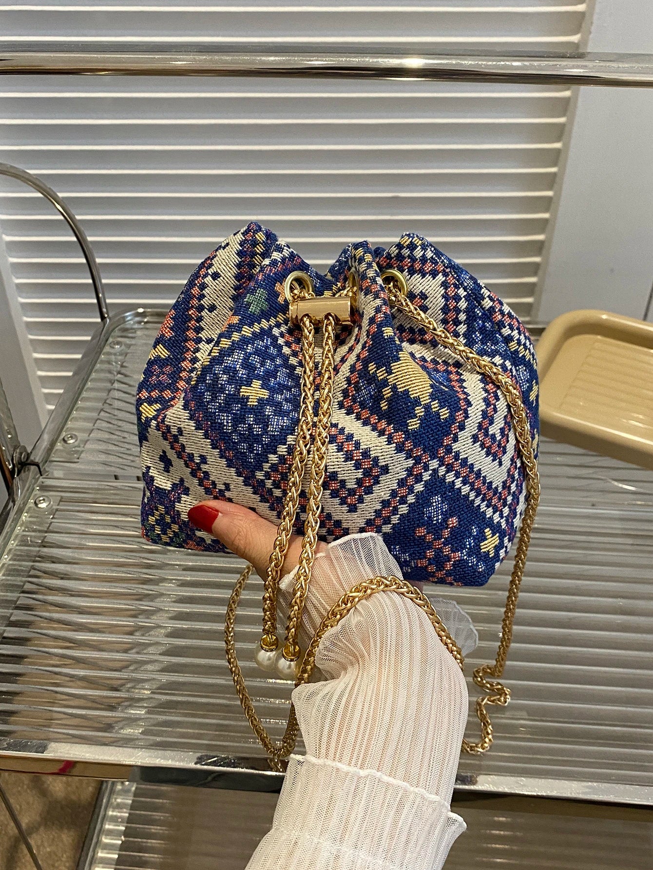 Fashion Solid Color Hollow Out Woven Chain Drawstring Mini Crossbody Bucket Bag