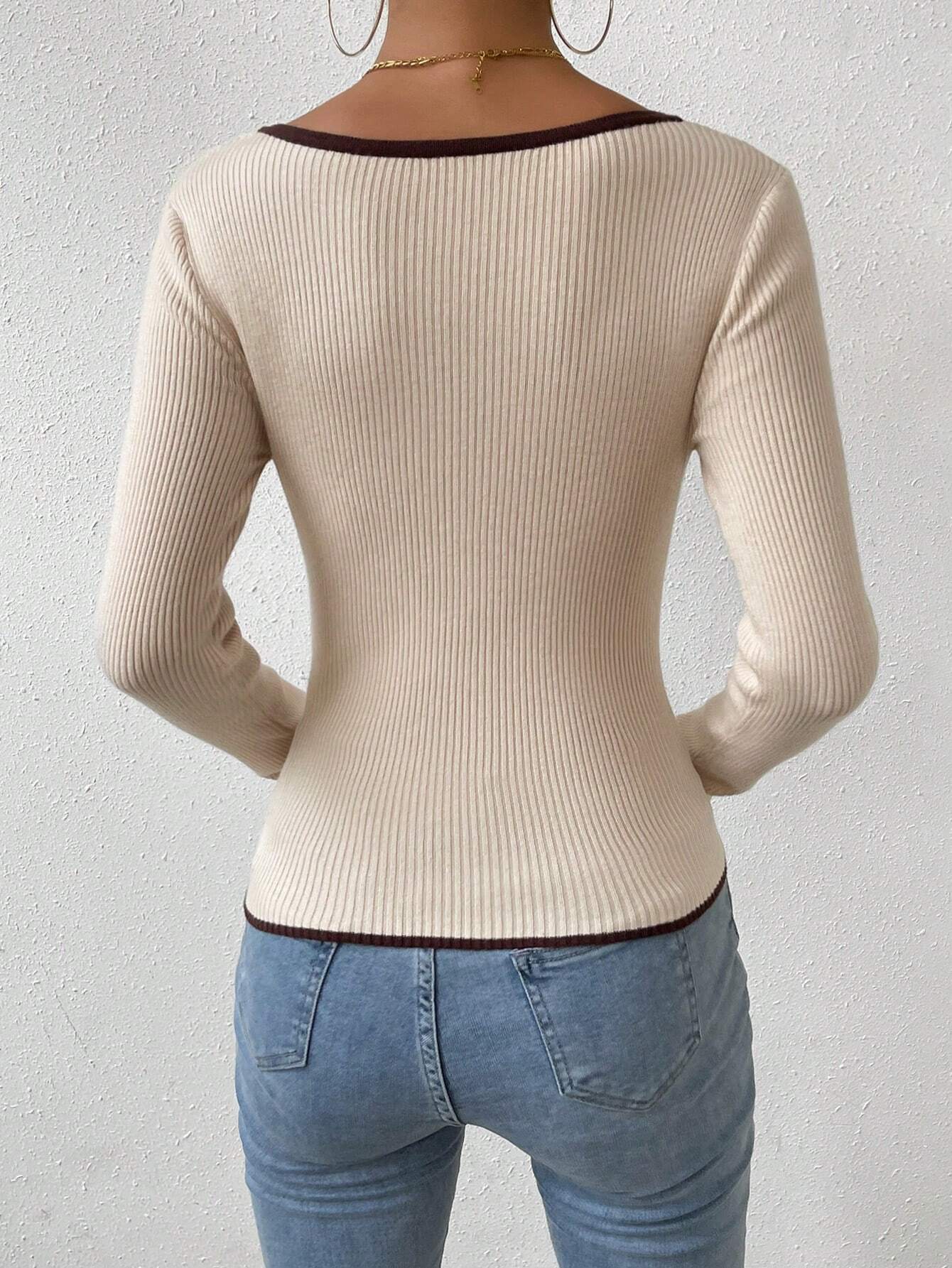 RosyDaze Contrast Binding Sweetheart Neck Ribbed Knit Sweater,Long Sleeve Tops Knit Pullover Fall Winter Outfit