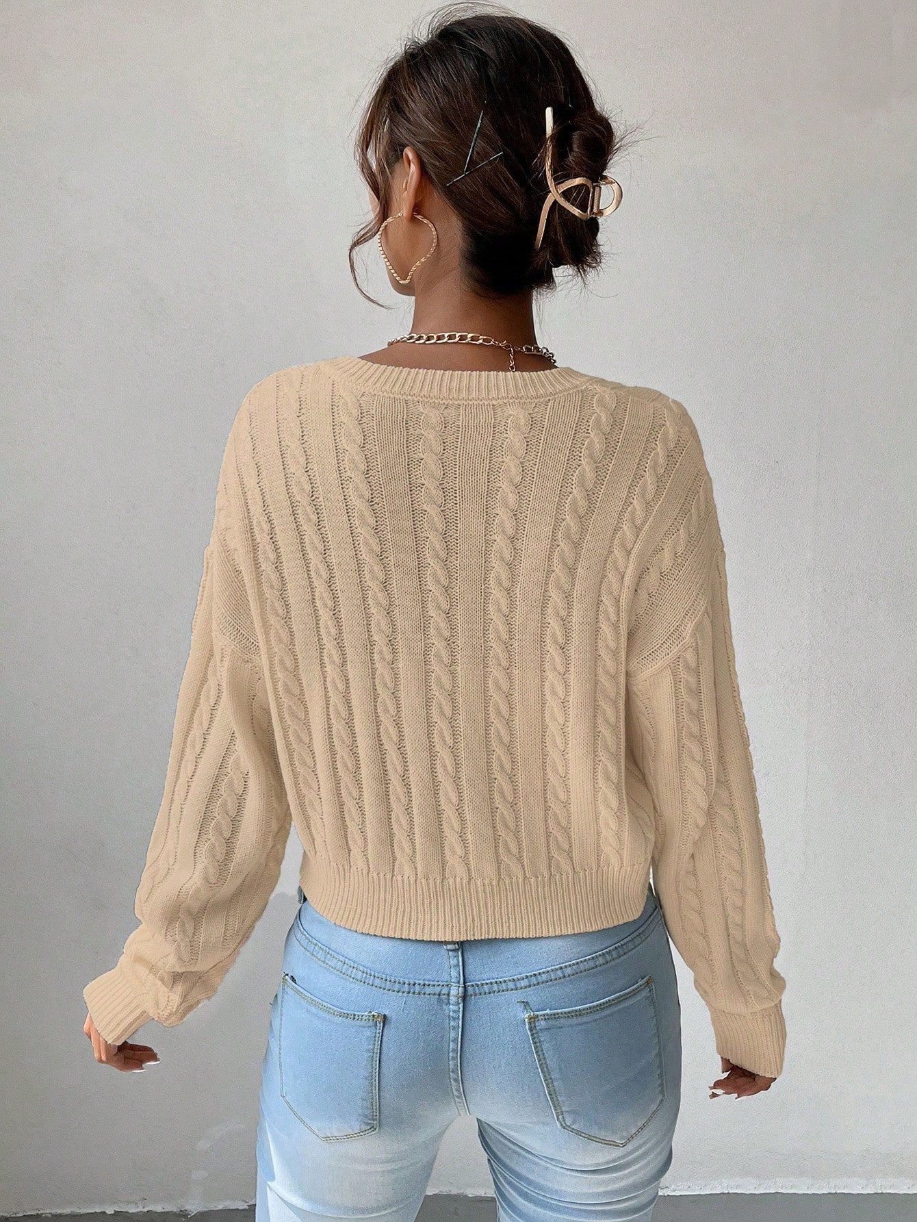 Chiquease V-Neck Cable Knit Sweater,Long Sleeve Tops Knit Pullover Fall Winter Outfit