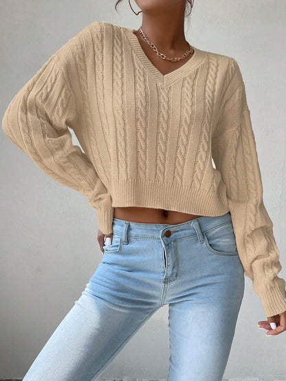 Chiquease V-Neck Cable Knit Sweater,Long Sleeve Tops Knit Pullover Fall Winter Outfit
