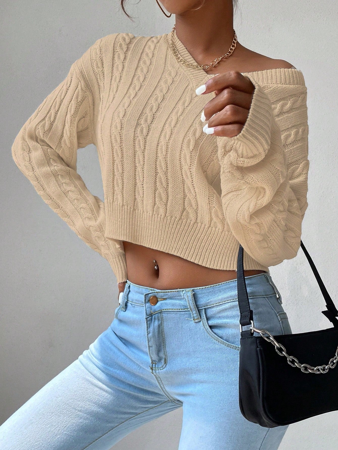 Chiquease V-Neck Cable Knit Sweater,Long Sleeve Tops Knit Pullover Fall Winter Outfit