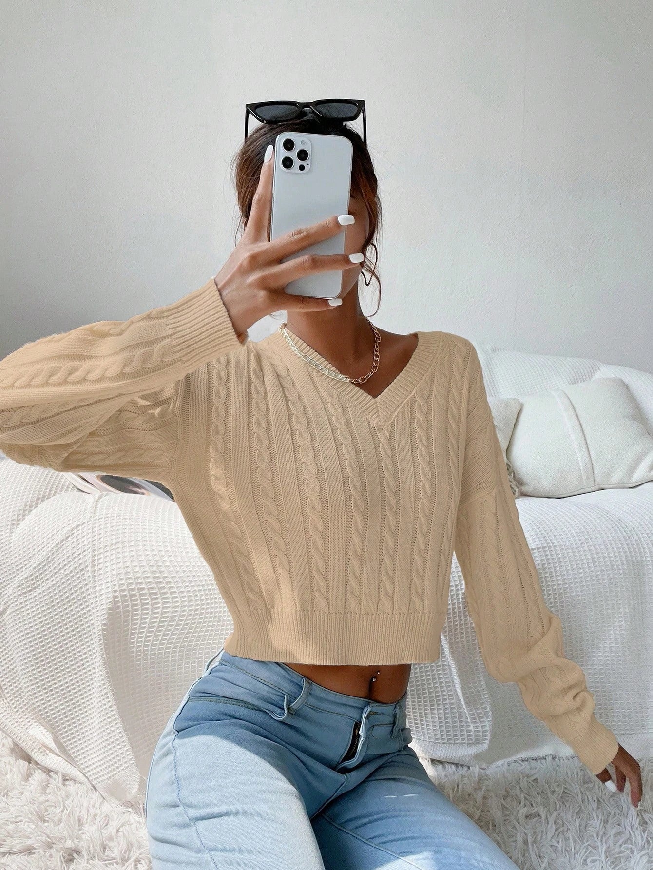 Chiquease V-Neck Cable Knit Sweater,Long Sleeve Tops Knit Pullover Fall Winter Outfit