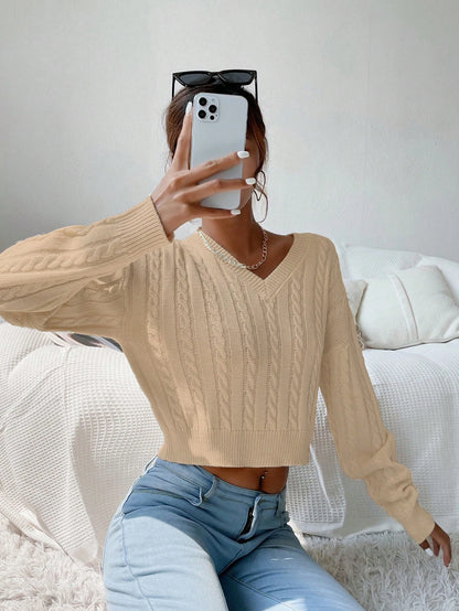Chiquease V-Neck Cable Knit Sweater,Long Sleeve Tops Knit Pullover Fall Winter Outfit