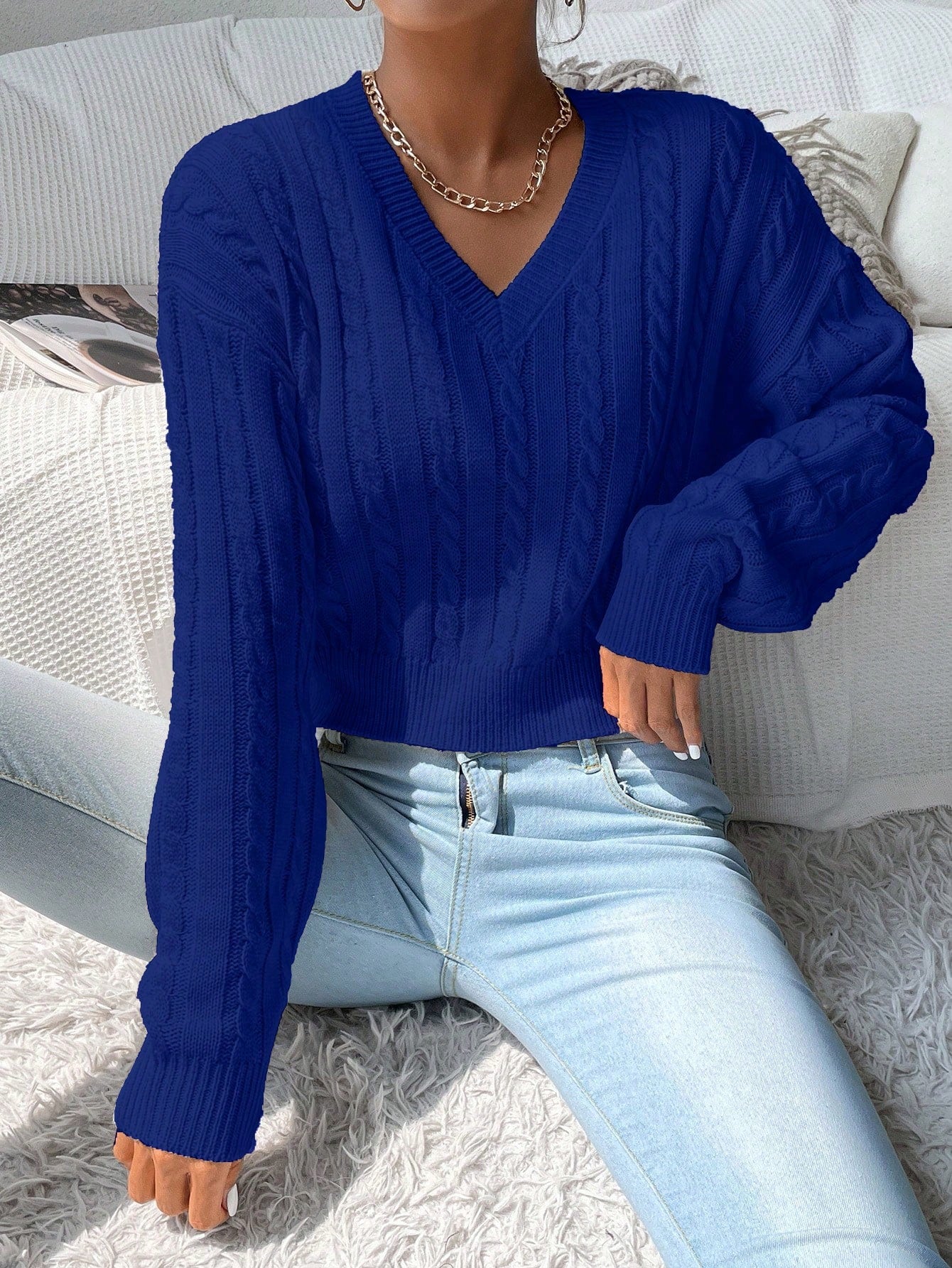 Chiquease V-Neck Cable Knit Sweater,Long Sleeve Tops Knit Pullover Fall Winter Outfit