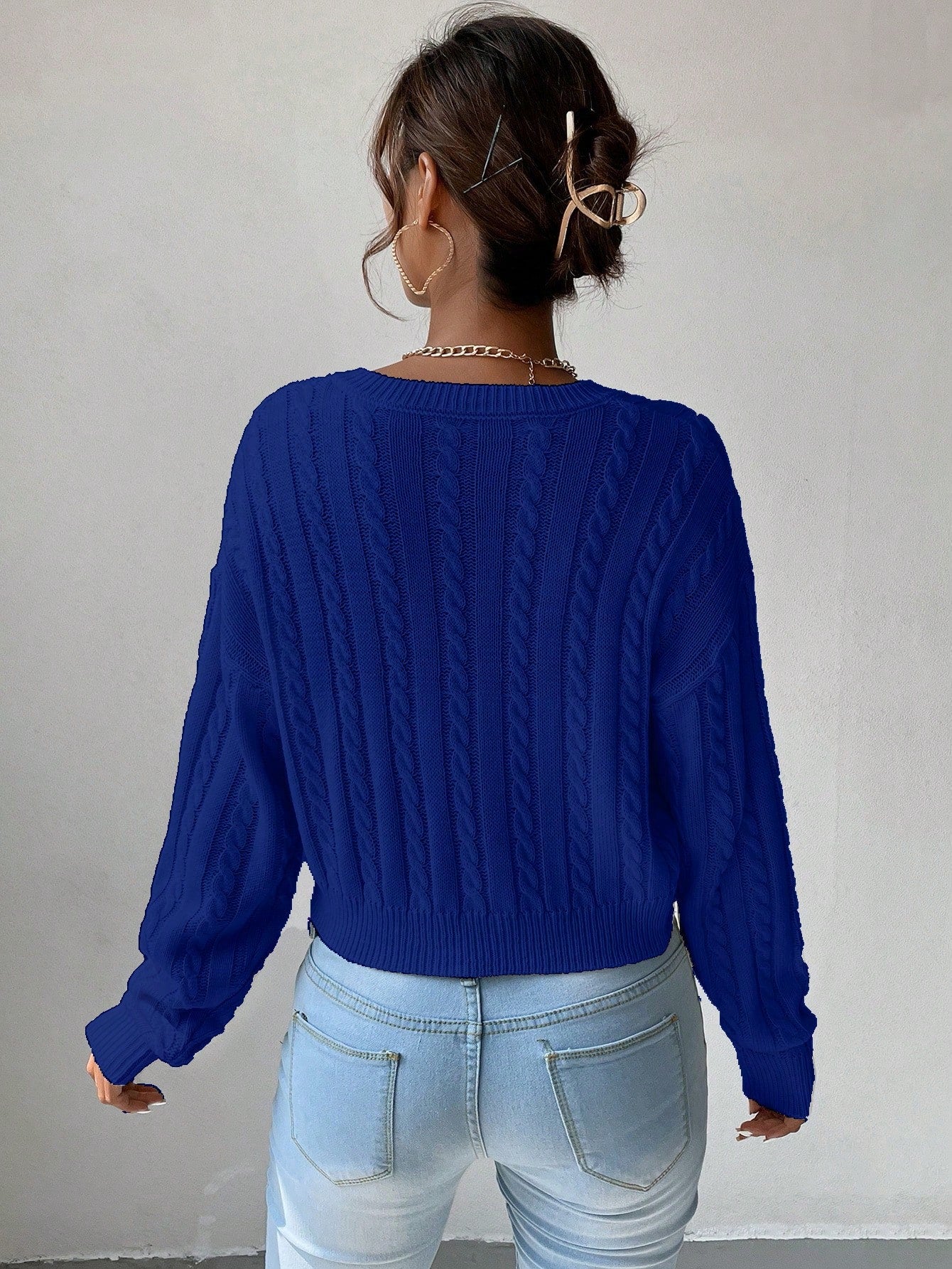 Chiquease V-Neck Cable Knit Sweater,Long Sleeve Tops Knit Pullover Fall Winter Outfit