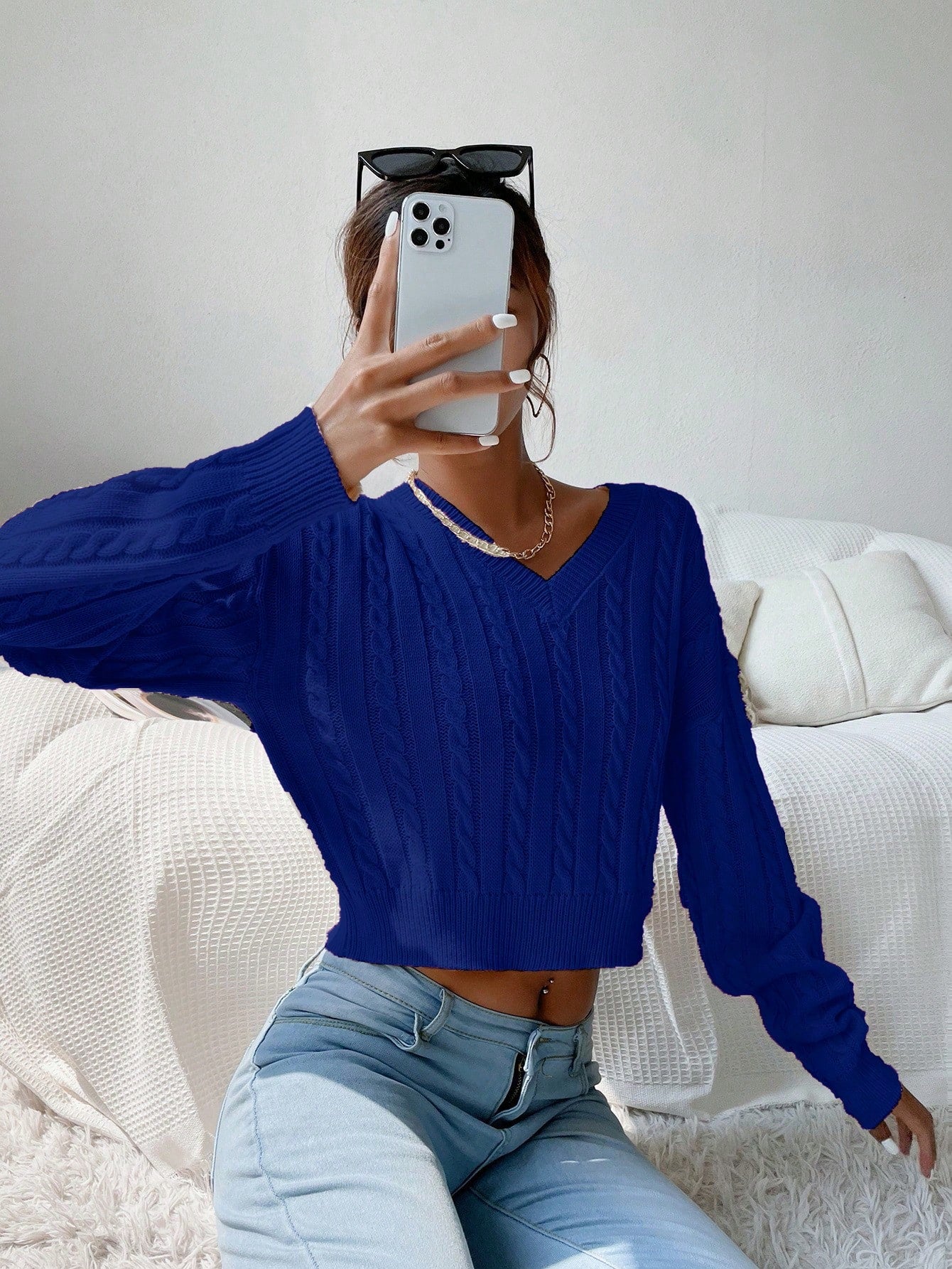 Chiquease V-Neck Cable Knit Sweater,Long Sleeve Tops Knit Pullover Fall Winter Outfit