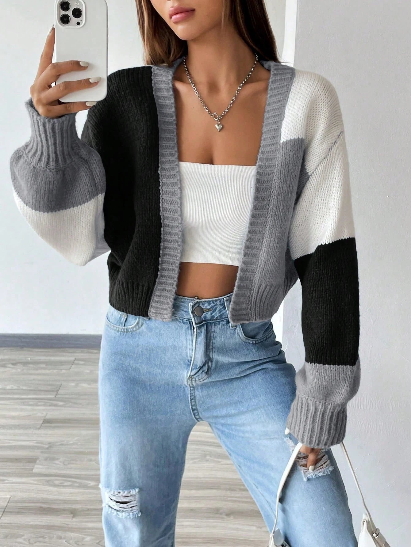 Flirla Colorblock Drop Shoulder Duster Cardigan,Long Sleeve Tops Fall Winter Cloth For Women