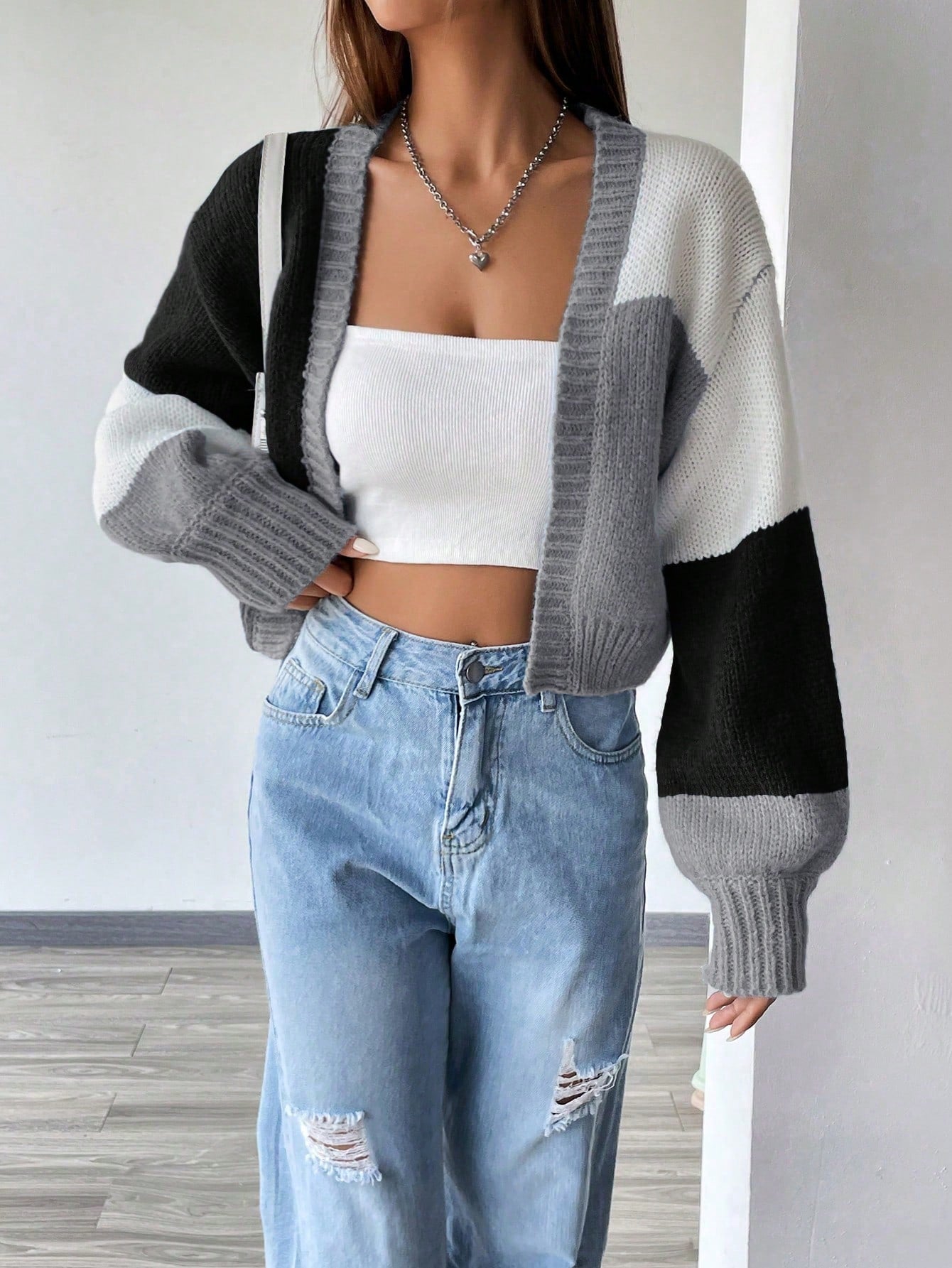 Flirla Colorblock Drop Shoulder Duster Cardigan,Long Sleeve Tops Fall Winter Cloth For Women