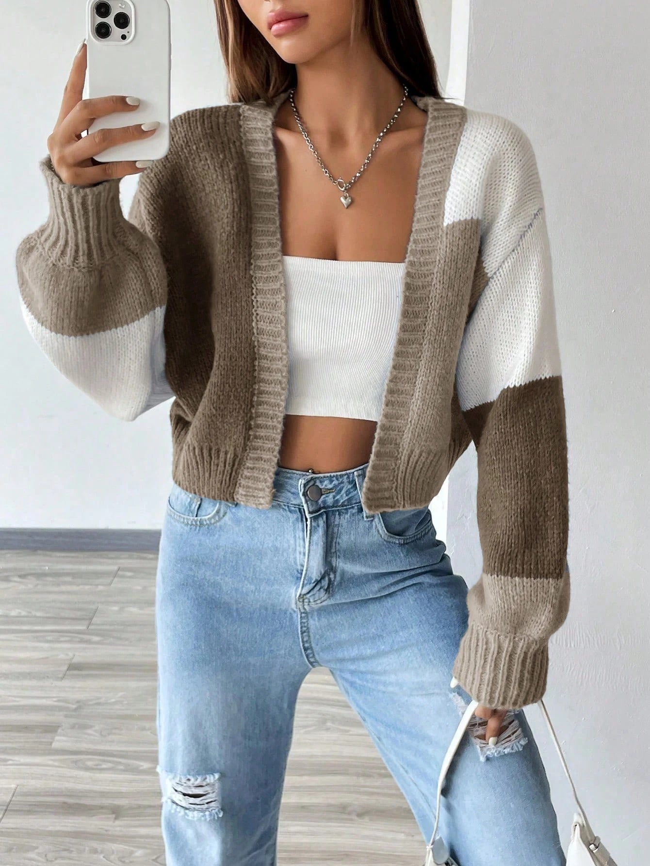 Flirla Colorblock Drop Shoulder Duster Cardigan,Long Sleeve Tops Fall Winter Cloth For Women