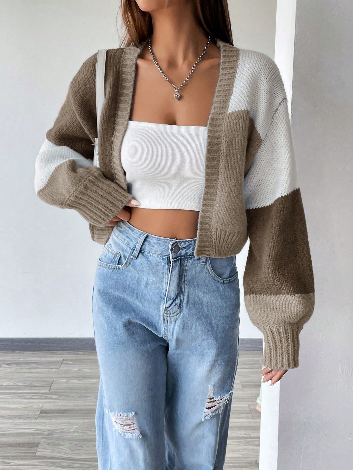 Flirla Colorblock Drop Shoulder Duster Cardigan,Long Sleeve Tops Fall Winter Cloth For Women