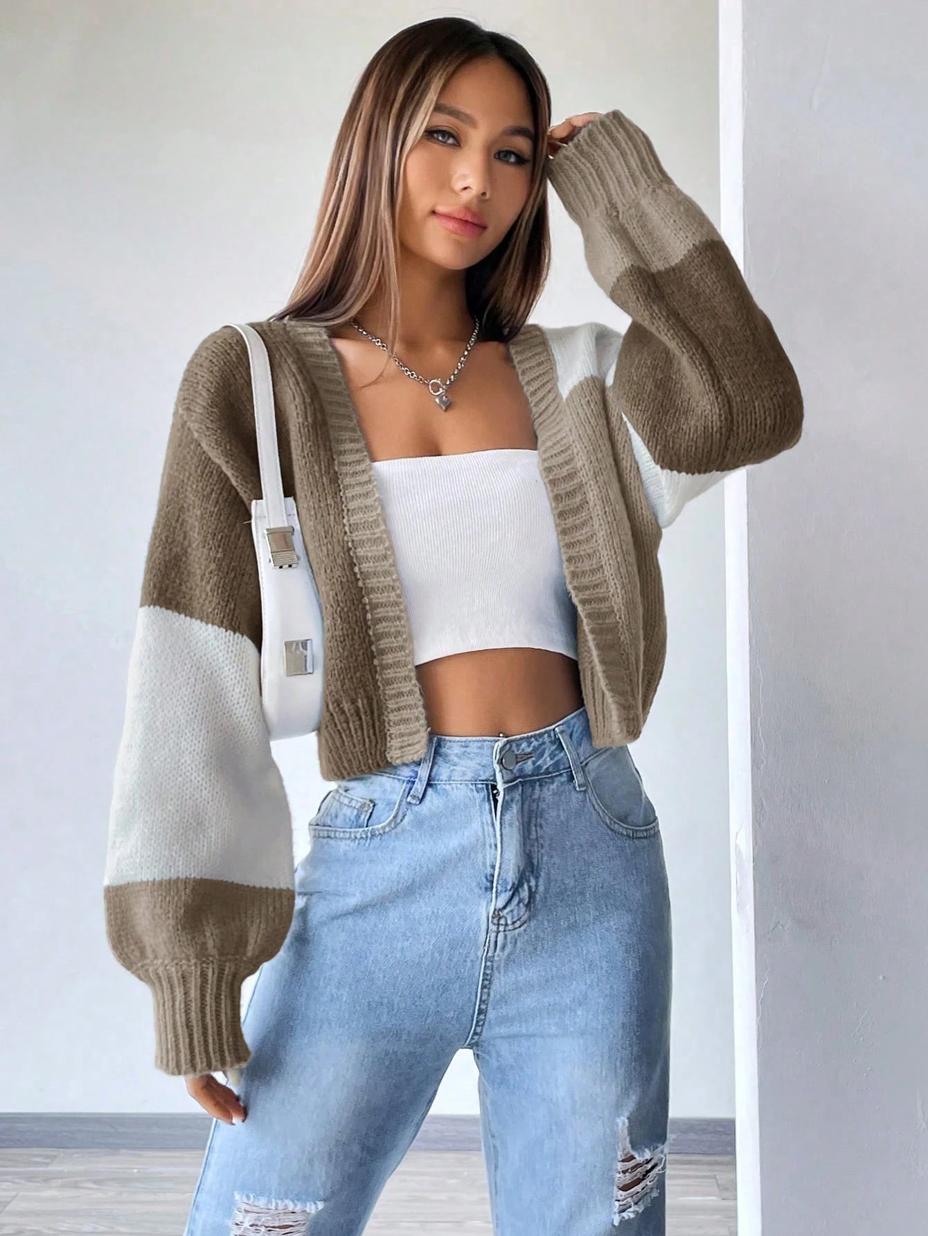 Flirla Colorblock Drop Shoulder Duster Cardigan,Long Sleeve Tops Fall Winter Cloth For Women