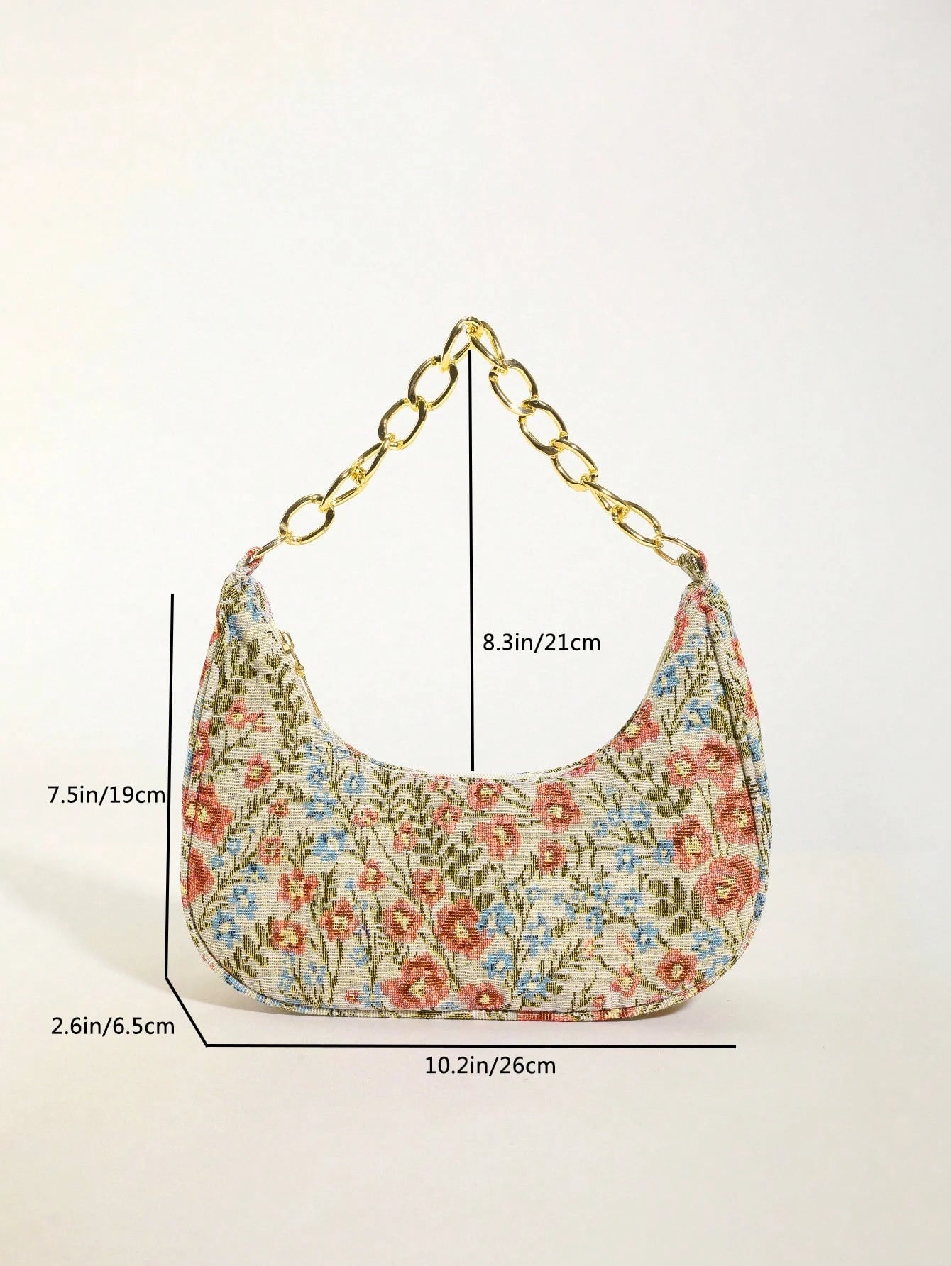 Fashion Metal Chain Handbag With Flower Design,Floral Printed Canvas Shoulder Bag , Tready Crescent Moon Bag For Women, Exquisite Floral Bag For Women