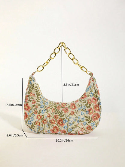 Fashion Metal Chain Handbag With Flower Design,Floral Printed Canvas Shoulder Bag , Tready Crescent Moon Bag For Women, Exquisite Floral Bag For Women