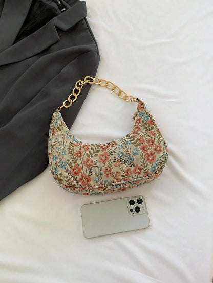 Fashion Metal Chain Handbag With Flower Design,Floral Printed Canvas Shoulder Bag , Tready Crescent Moon Bag For Women, Exquisite Floral Bag For Women