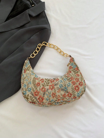 Fashion Metal Chain Handbag With Flower Design,Floral Printed Canvas Shoulder Bag , Tready Crescent Moon Bag For Women, Exquisite Floral Bag For Women