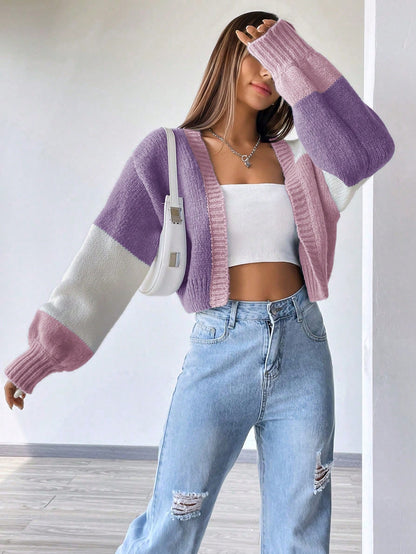 Flirla Colorblock Drop Shoulder Duster Cardigan,Long Sleeve Tops Fall Winter Cloth For Women