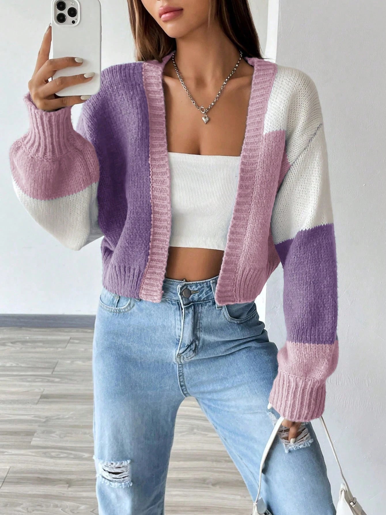Flirla Colorblock Drop Shoulder Duster Cardigan,Long Sleeve Tops Fall Winter Cloth For Women