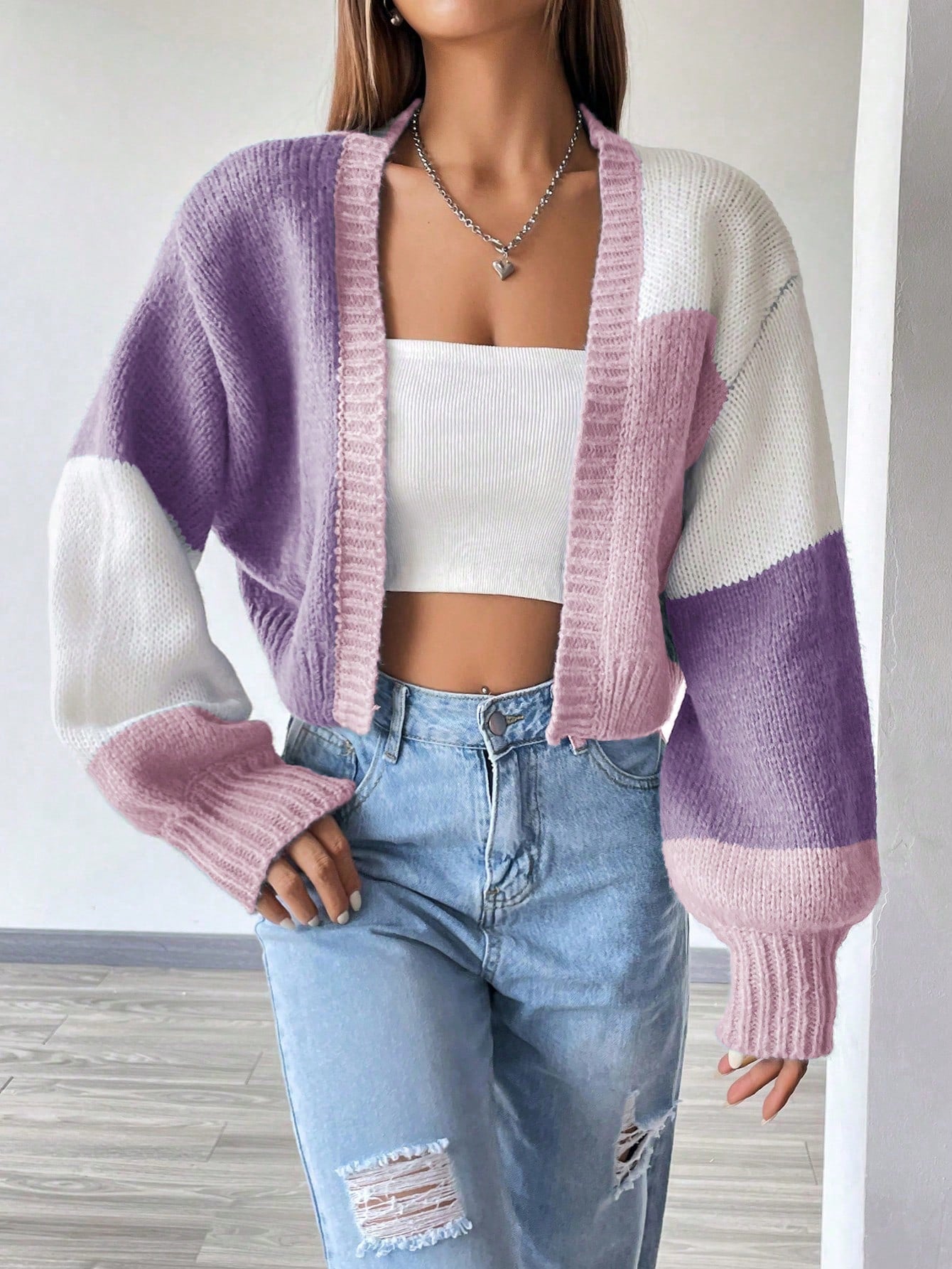 Flirla Colorblock Drop Shoulder Duster Cardigan,Long Sleeve Tops Fall Winter Cloth For Women
