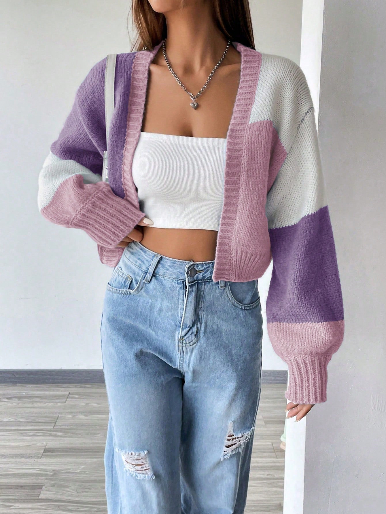 Flirla Colorblock Drop Shoulder Duster Cardigan,Long Sleeve Tops Fall Winter Cloth For Women