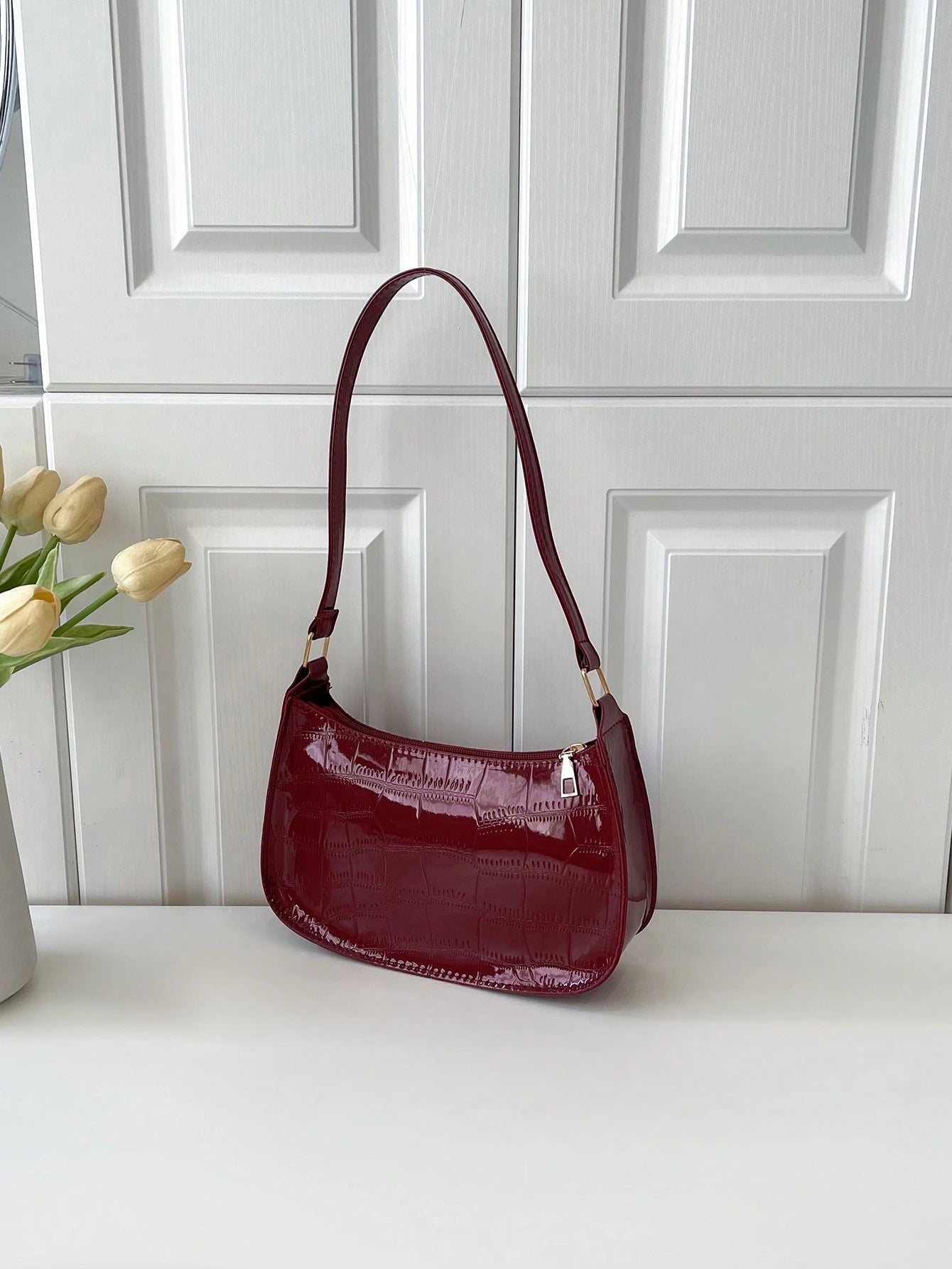Solid Color Minimalist & Elegant Embossed Shoulder Bag