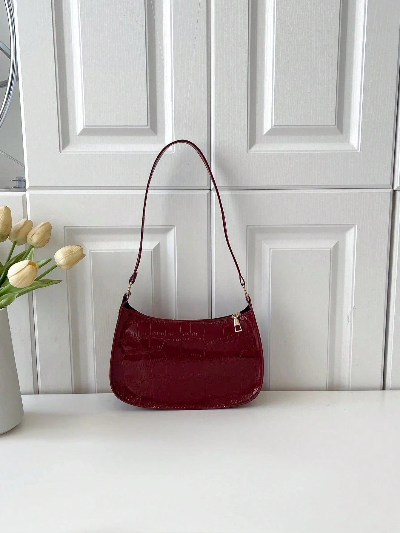 Solid Color Minimalist & Elegant Embossed Shoulder Bag