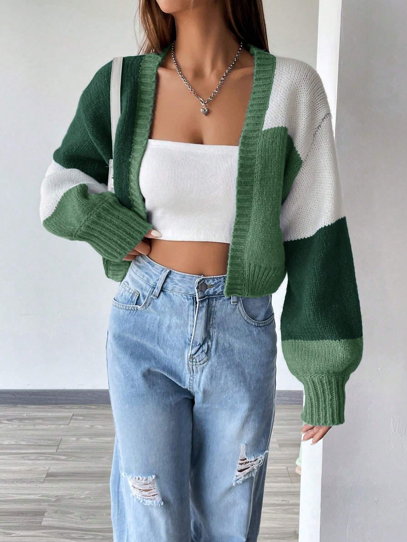 Flirla Colorblock Drop Shoulder Duster Cardigan,Long Sleeve Tops Fall Winter Cloth For Women