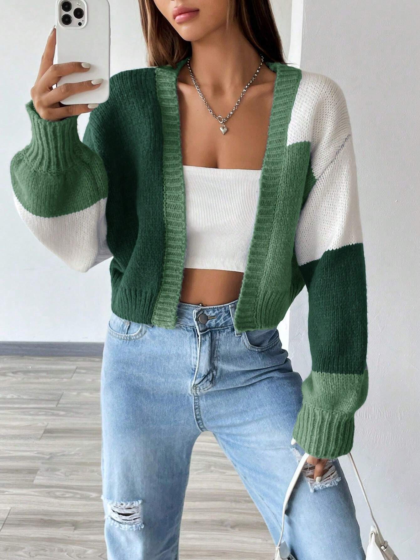 Flirla Colorblock Drop Shoulder Duster Cardigan,Long Sleeve Tops Fall Winter Cloth For Women
