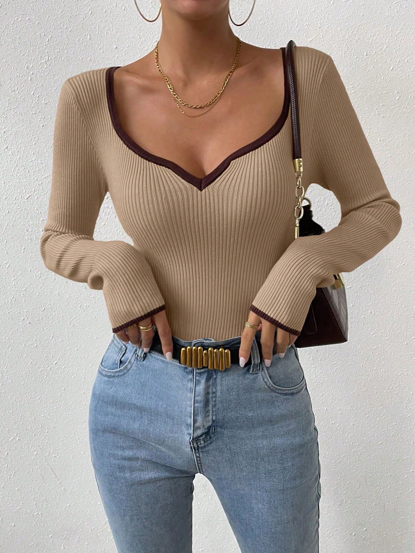 RosyDaze Contrast Binding Sweetheart Neck Ribbed Knit Sweater,Long Sleeve Tops Knit Pullover Fall Winter Outfit