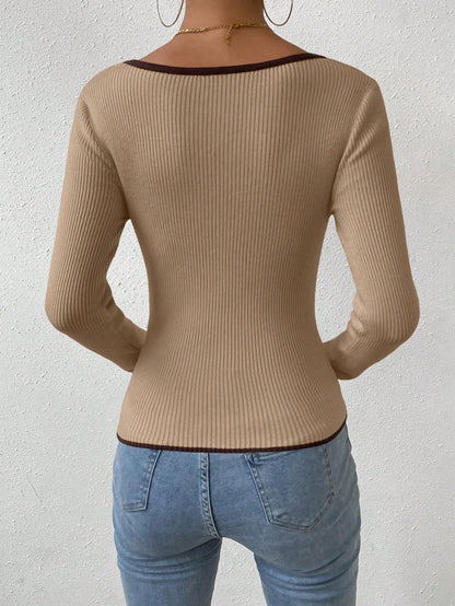 RosyDaze Contrast Binding Sweetheart Neck Ribbed Knit Sweater,Long Sleeve Tops Knit Pullover Fall Winter Outfit