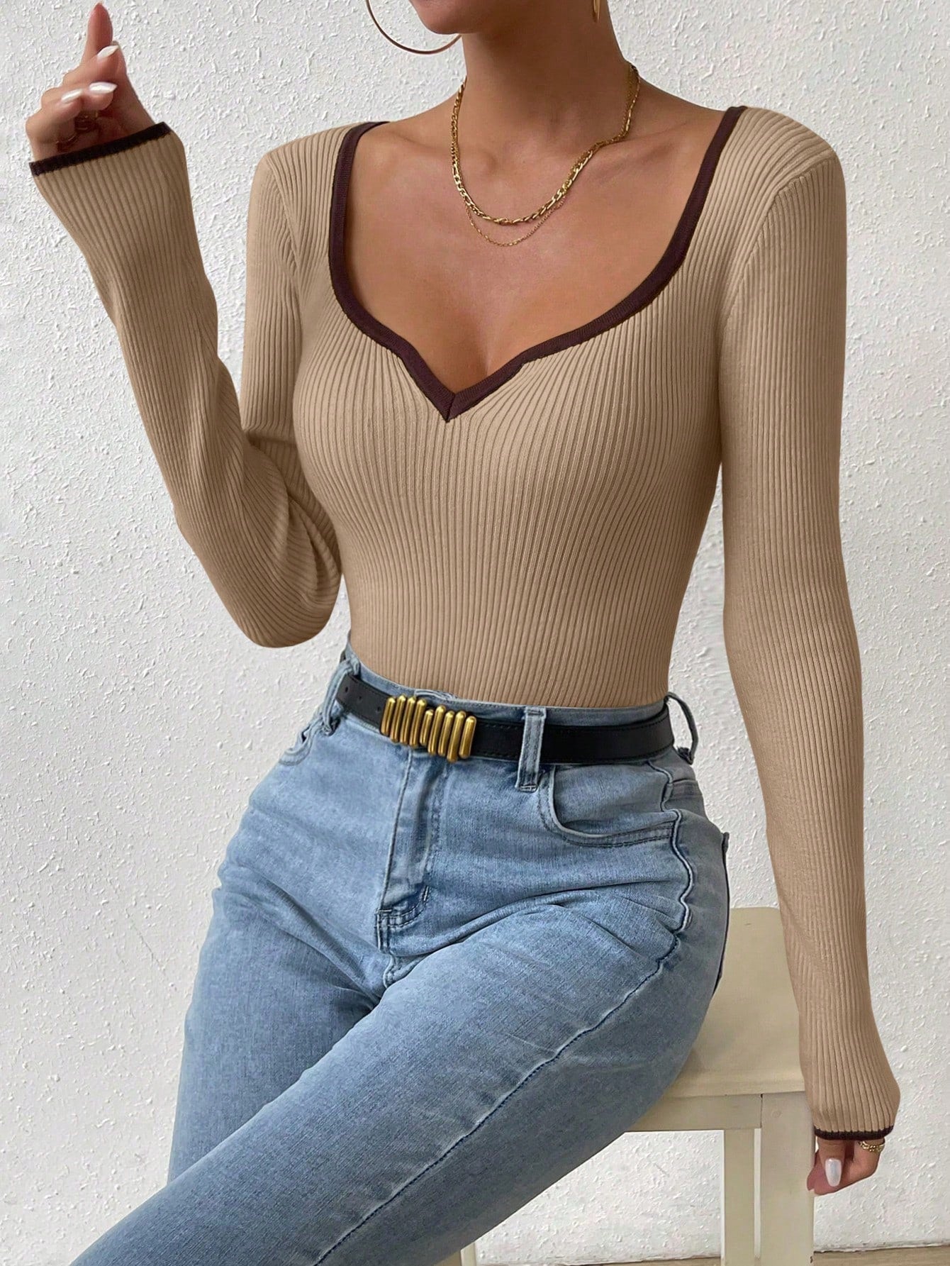 RosyDaze Contrast Binding Sweetheart Neck Ribbed Knit Sweater,Long Sleeve Tops Knit Pullover Fall Winter Outfit