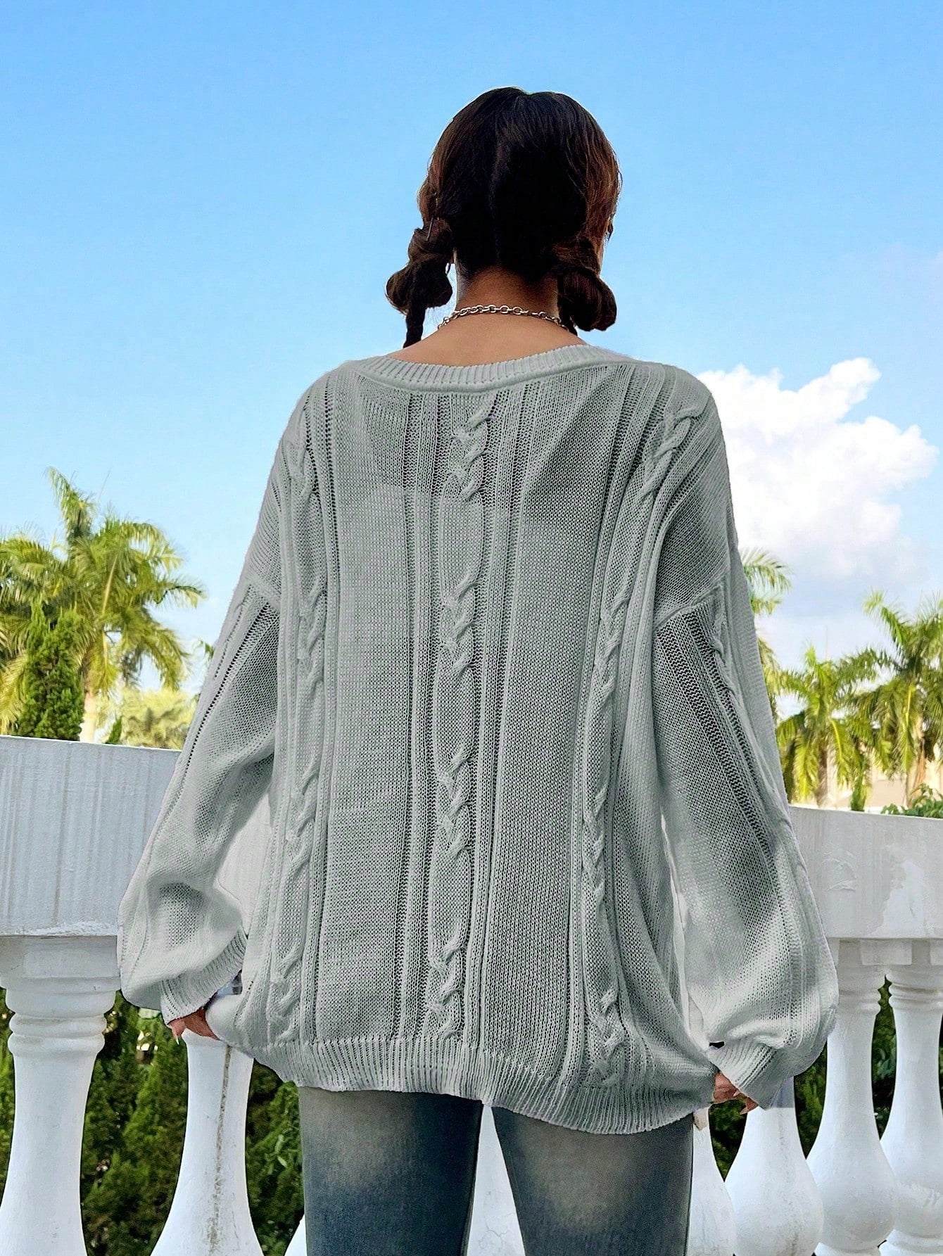 Flirla Casual Minimalist Solid Color Dropped Shoulder Loose Knit Sweater, Autumn/Winter Knit Pullover Fall Outfit