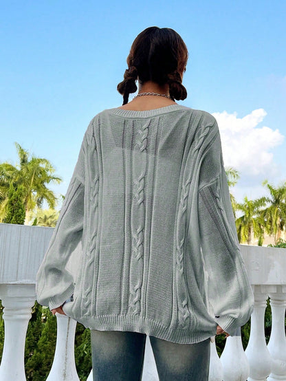 Flirla Casual Minimalist Solid Color Dropped Shoulder Loose Knit Sweater, Autumn/Winter Knit Pullover Fall Outfit