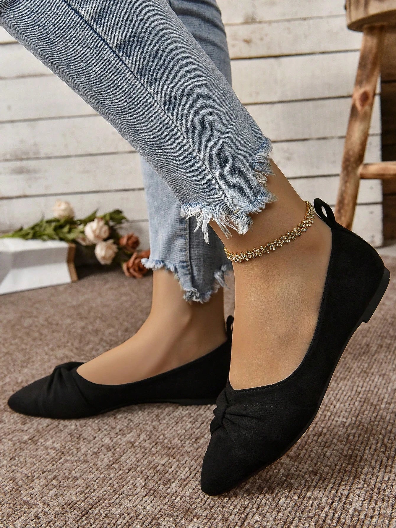 Women's Brown Minimalist Flat Shoes With Pleated Toe, Elegant Style, Outdoors In Summer, Faux Suede