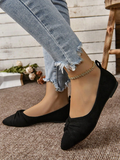 Women's Brown Minimalist Flat Shoes With Pleated Toe, Elegant Style, Outdoors In Summer, Faux Suede