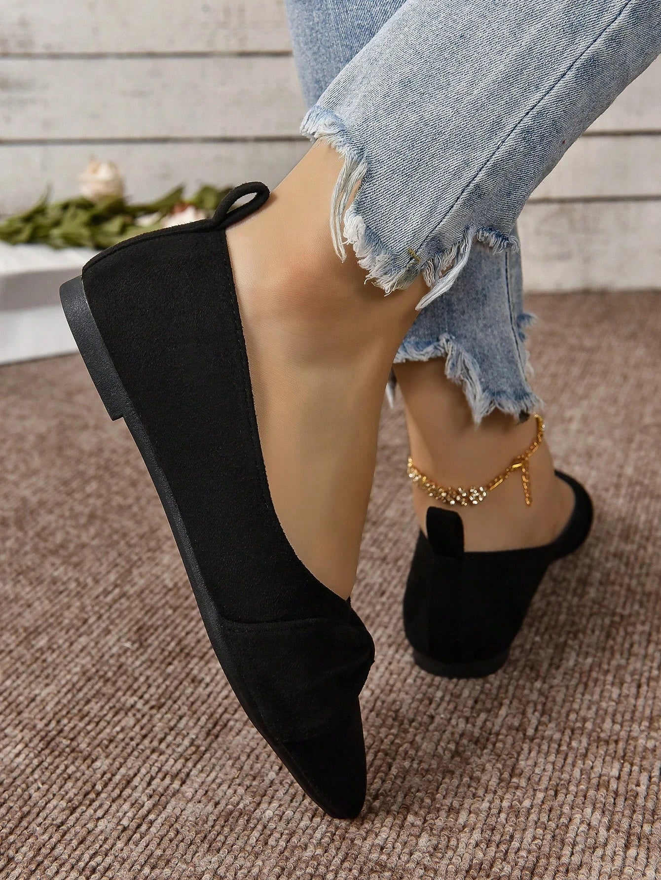 Women's Brown Minimalist Flat Shoes With Pleated Toe, Elegant Style, Outdoors In Summer, Faux Suede