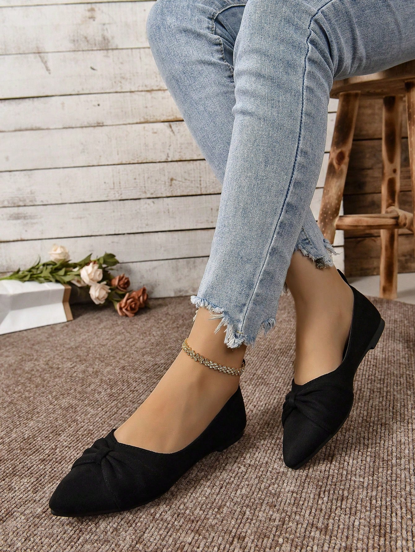 Women's Brown Minimalist Flat Shoes With Pleated Toe, Elegant Style, Outdoors In Summer, Faux Suede