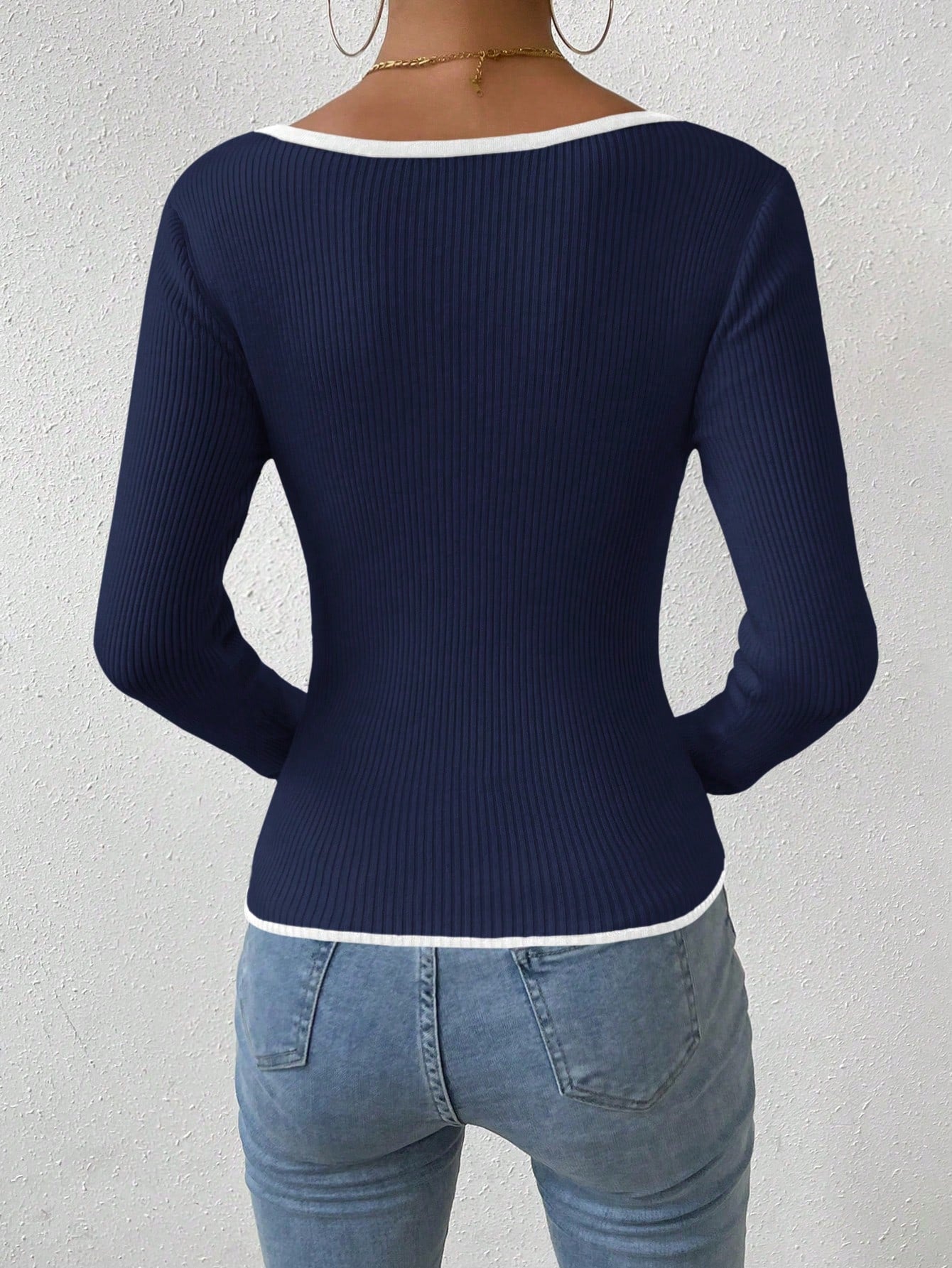 RosyDaze Contrast Binding Sweetheart Neck Ribbed Knit Sweater,Long Sleeve Tops Knit Pullover Fall Winter Outfit