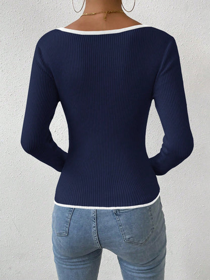 RosyDaze Contrast Binding Sweetheart Neck Ribbed Knit Sweater,Long Sleeve Tops Knit Pullover Fall Winter Outfit