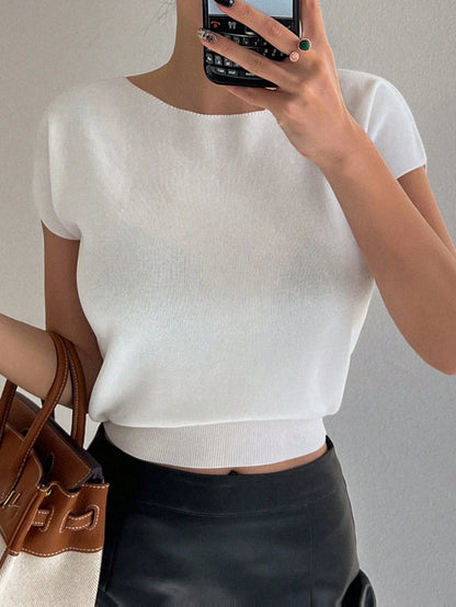Livesso Solid Color Slim Fit Short Sleeve Knitted Top For Women Summer,Teacher Outfits