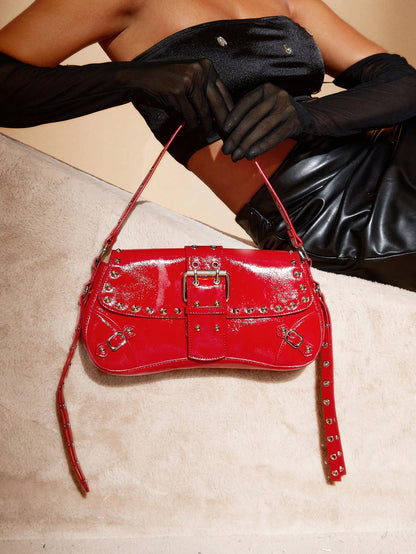 SHEIN X Lucía Bellido SHEIN SXY Fashionable Black Stud Shoulder Bag For Women, Versatile, Shopping Bag, Cool, Street Bag, Teenagers