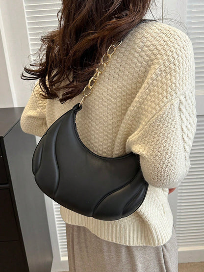 Hot Search Mini Crescent Handbag, 1 Piece, Solid Acrylic Chain Decoration, PU, Portable, Elegant Zipper Shoulder Bag Handbag Suitable For Girls To Travel And Daily Use