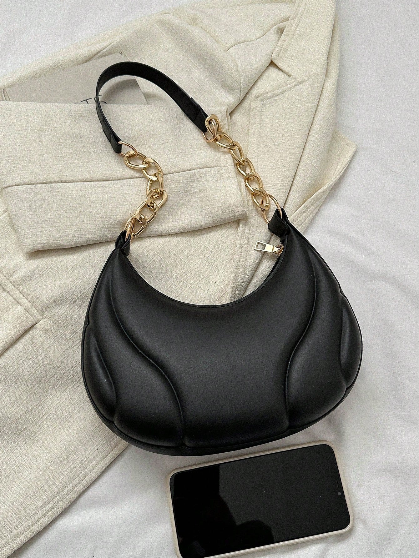 Hot Search Mini Crescent Handbag, 1 Piece, Solid Acrylic Chain Decoration, PU, Portable, Elegant Zipper Shoulder Bag Handbag Suitable For Girls To Travel And Daily Use