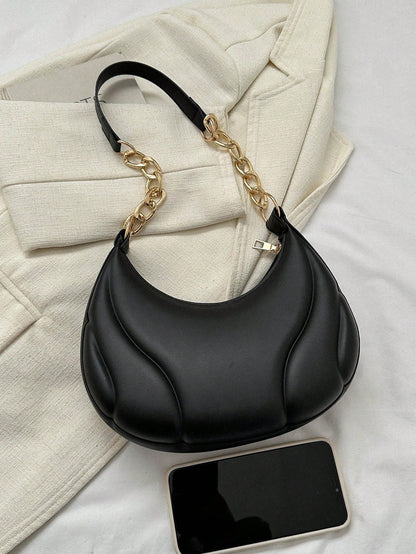 Hot Search Mini Crescent Handbag, 1 Piece, Solid Acrylic Chain Decoration, PU, Portable, Elegant Zipper Shoulder Bag Handbag Suitable For Girls To Travel And Daily Use