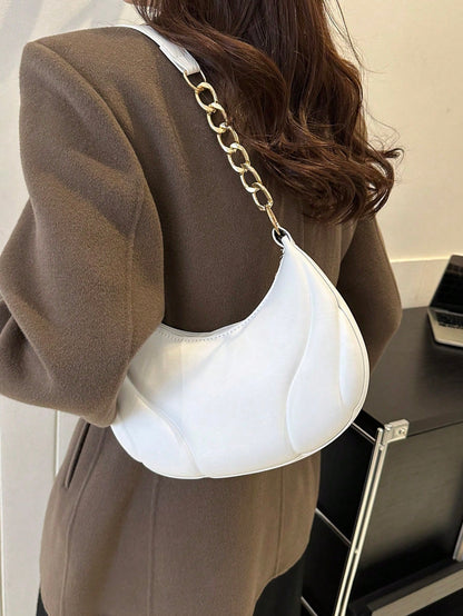 Hot Search Mini Crescent Handbag, 1 Piece, Solid Acrylic Chain Decoration, PU, Portable, Elegant Zipper Shoulder Bag Handbag Suitable For Girls To Travel And Daily Use