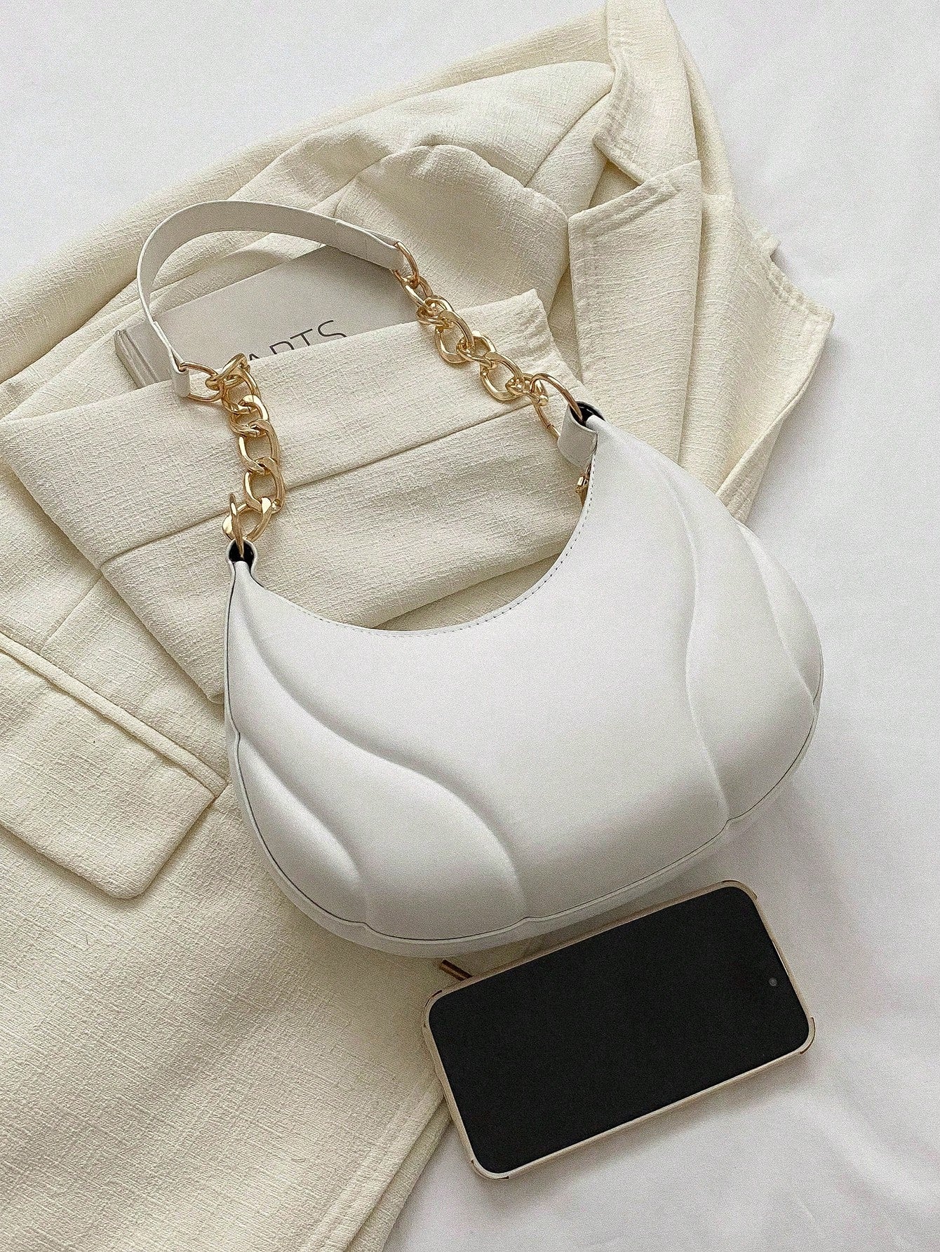 Hot Search Mini Crescent Handbag, 1 Piece, Solid Acrylic Chain Decoration, PU, Portable, Elegant Zipper Shoulder Bag Handbag Suitable For Girls To Travel And Daily Use