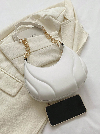 Hot Search Mini Crescent Handbag, 1 Piece, Solid Acrylic Chain Decoration, PU, Portable, Elegant Zipper Shoulder Bag Handbag Suitable For Girls To Travel And Daily Use