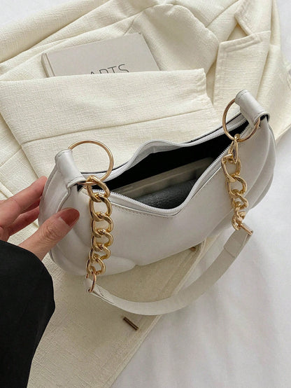 Hot Search Mini Crescent Handbag, 1 Piece, Solid Acrylic Chain Decoration, PU, Portable, Elegant Zipper Shoulder Bag Handbag Suitable For Girls To Travel And Daily Use