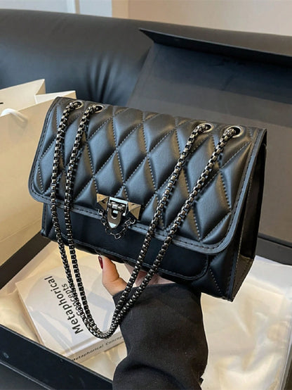 1pc Minimalist Fashion Indentation Diamond Shape Square Bag Lock Closure Flap Opening Metal Chain Shoulder Bag Suitable For Women's Daily Casual Use
