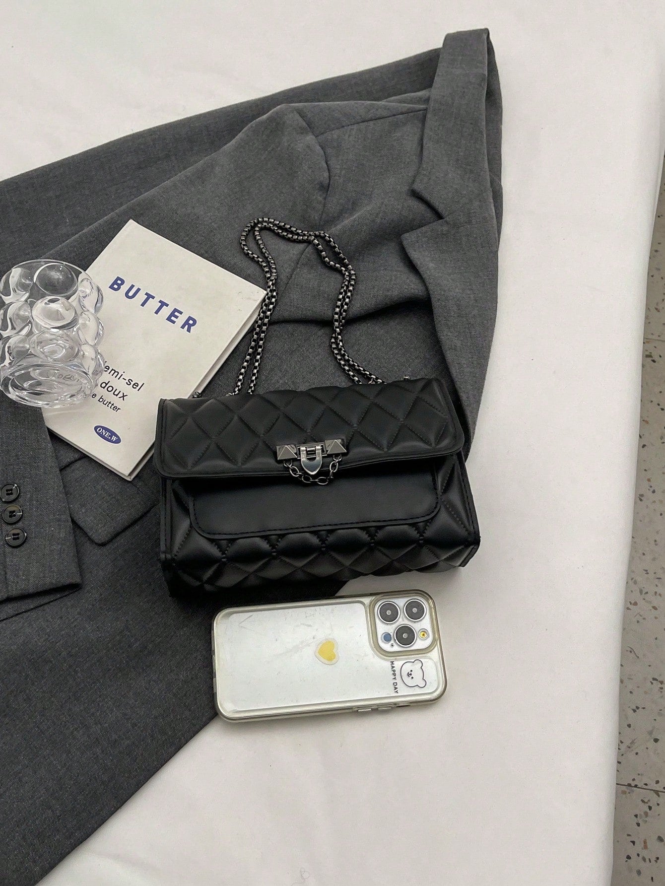 1pc Minimalist Fashion Indentation Diamond Shape Square Bag Lock Closure Flap Opening Metal Chain Shoulder Bag Suitable For Women's Daily Casual Use